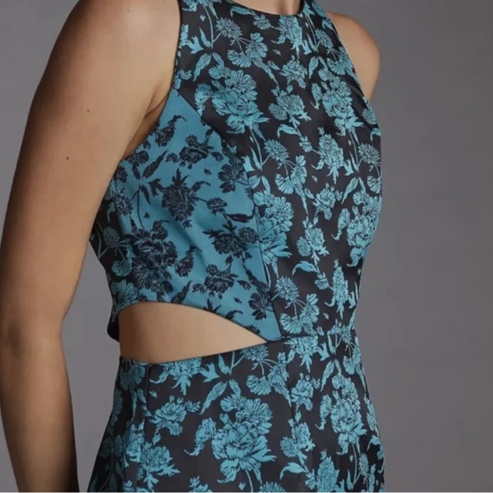 Anthropologie Hutch Teal Two Tone Floral Dress Side Cut Outs Size 10
